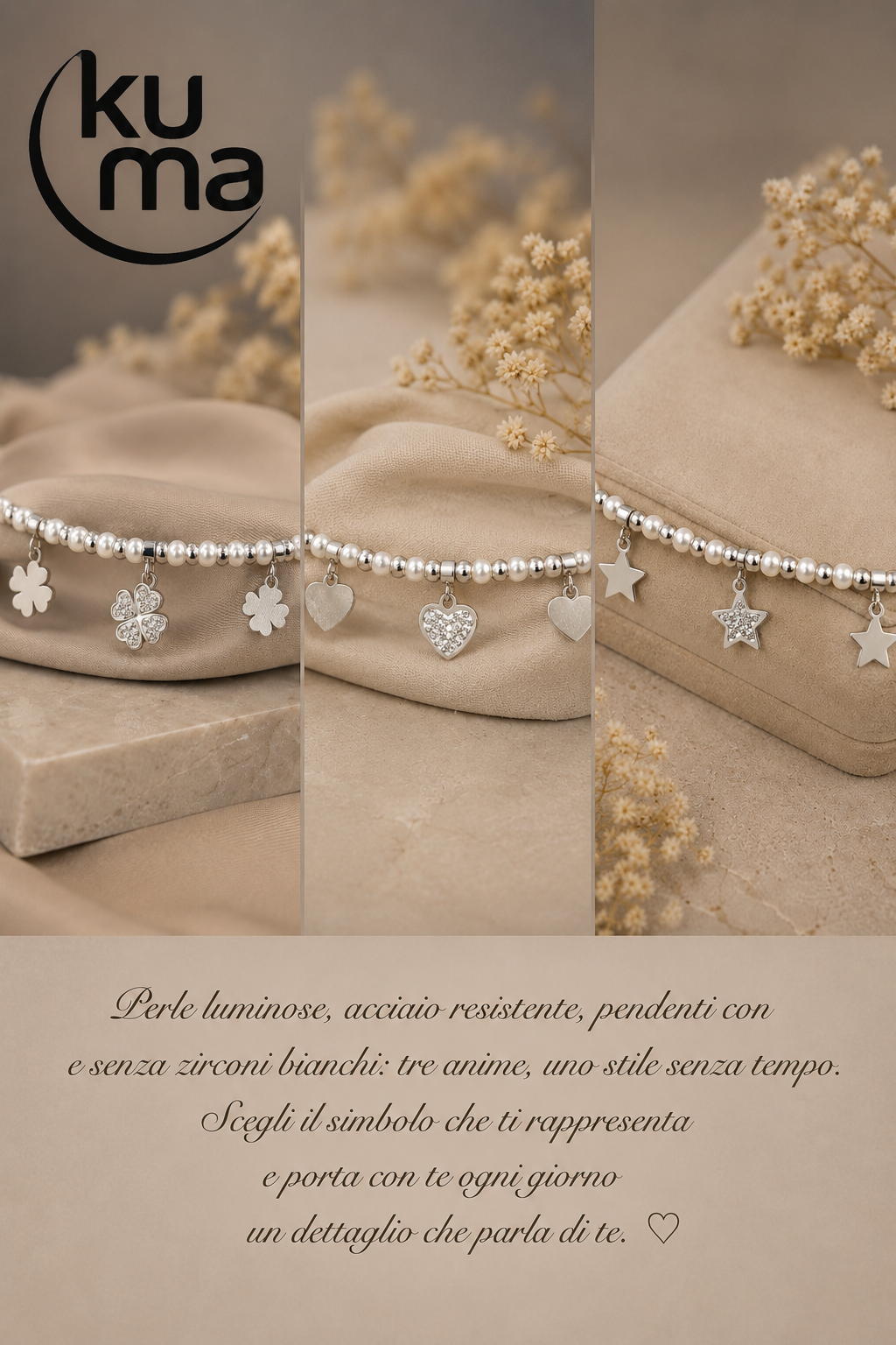 Kuma Gioielli"Perle luminose, acciaio resistente, pendenti con e senza zirconi bianchi"
