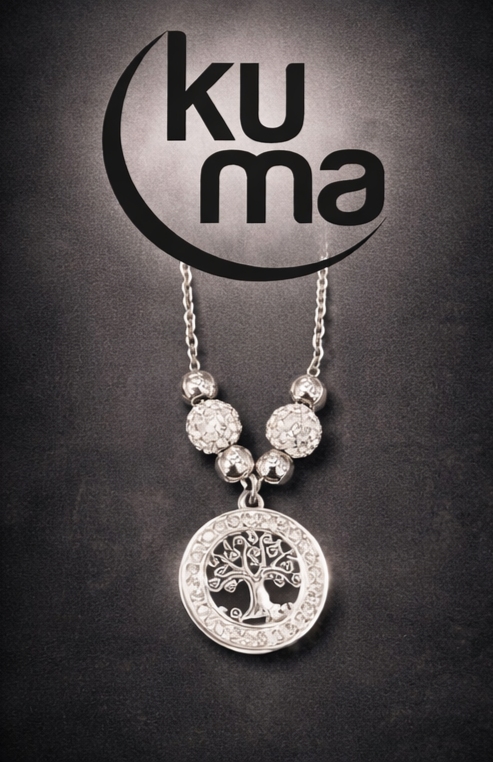 kuma gioielli Collana in acciaio 316L albero della vita con zirconi bianchi sfere alternate acciaio lucido e zirconate cm 45 con prolunga