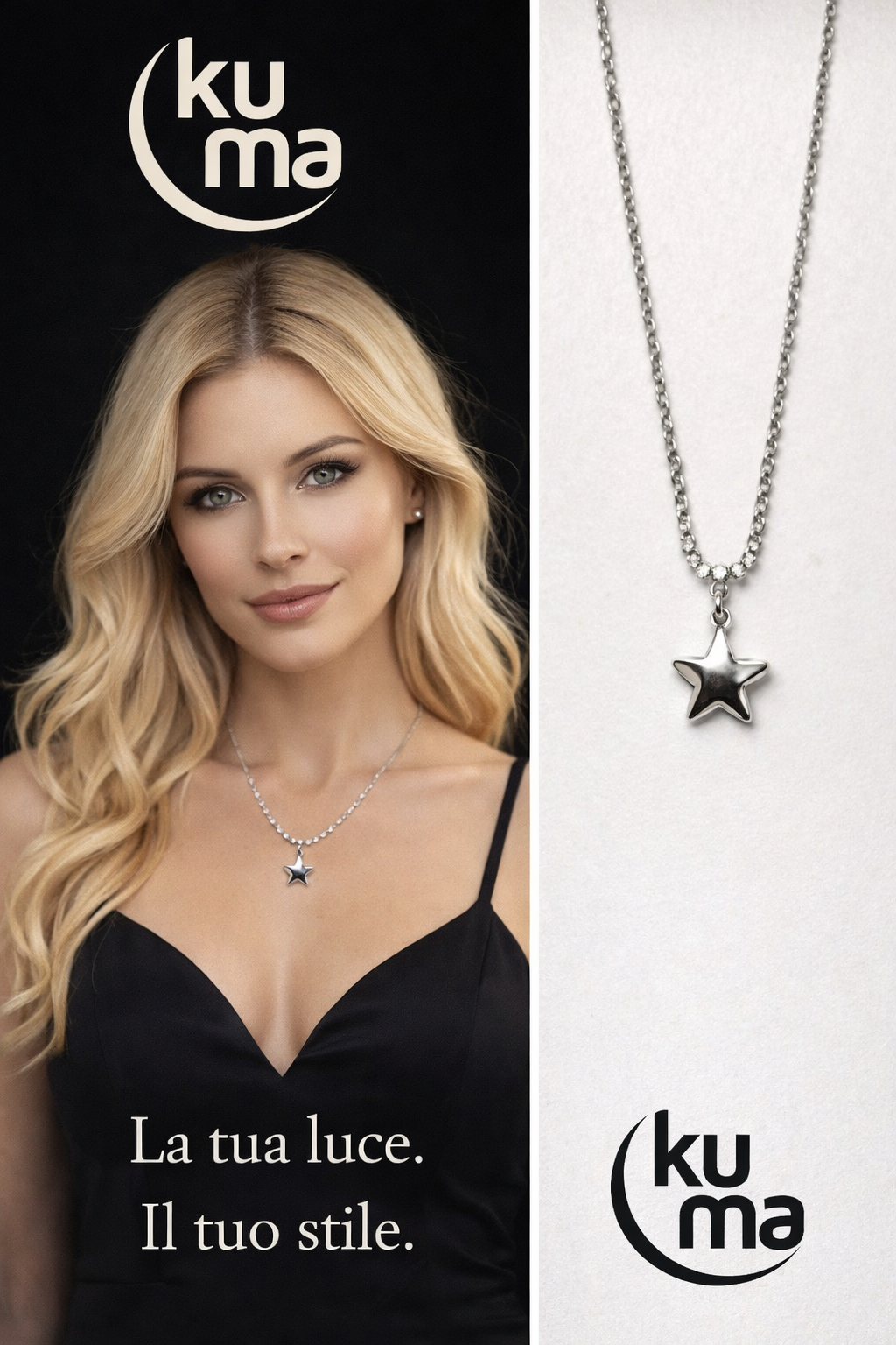 Collana in acciaio 316 con tennis centrale in zirconi bianchi e pendente a forma di stella bombata