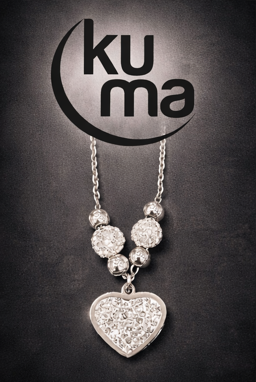 kuma gioielli Collana in acciaio 316L cuore con zirconi bianchi sfere alternate acciaio lucido e zirconate cm 45 con prolunga