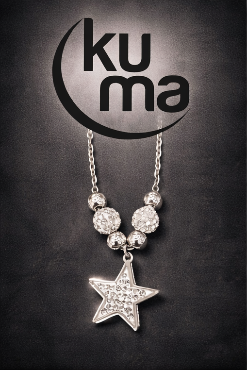 kuma gioielli Collana in acciaio 316L stella con zirconi bianchi sfere alternate acciaio lucido e zirconate cm 45 con prolunga